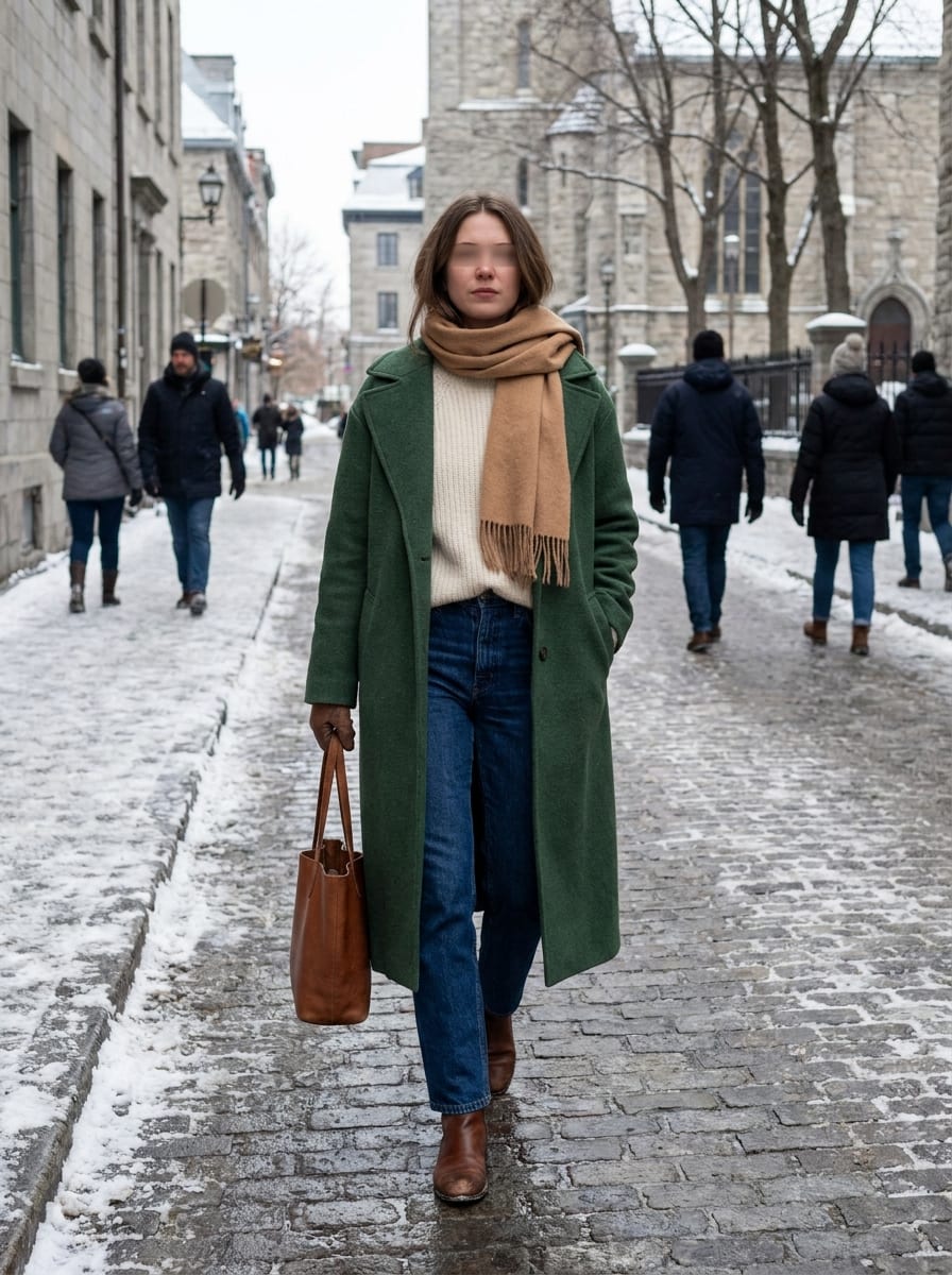 Dunkelgrüner Mantel mit neutralen Basics - Winter Outfit Damen 2026